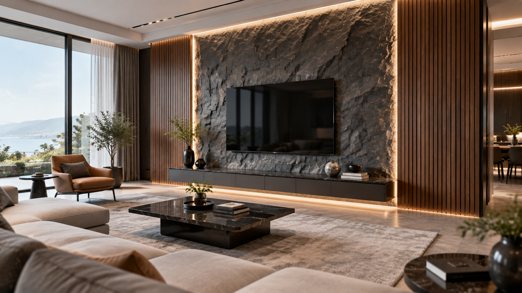Luxury Villa Stone And Wood Wall Design